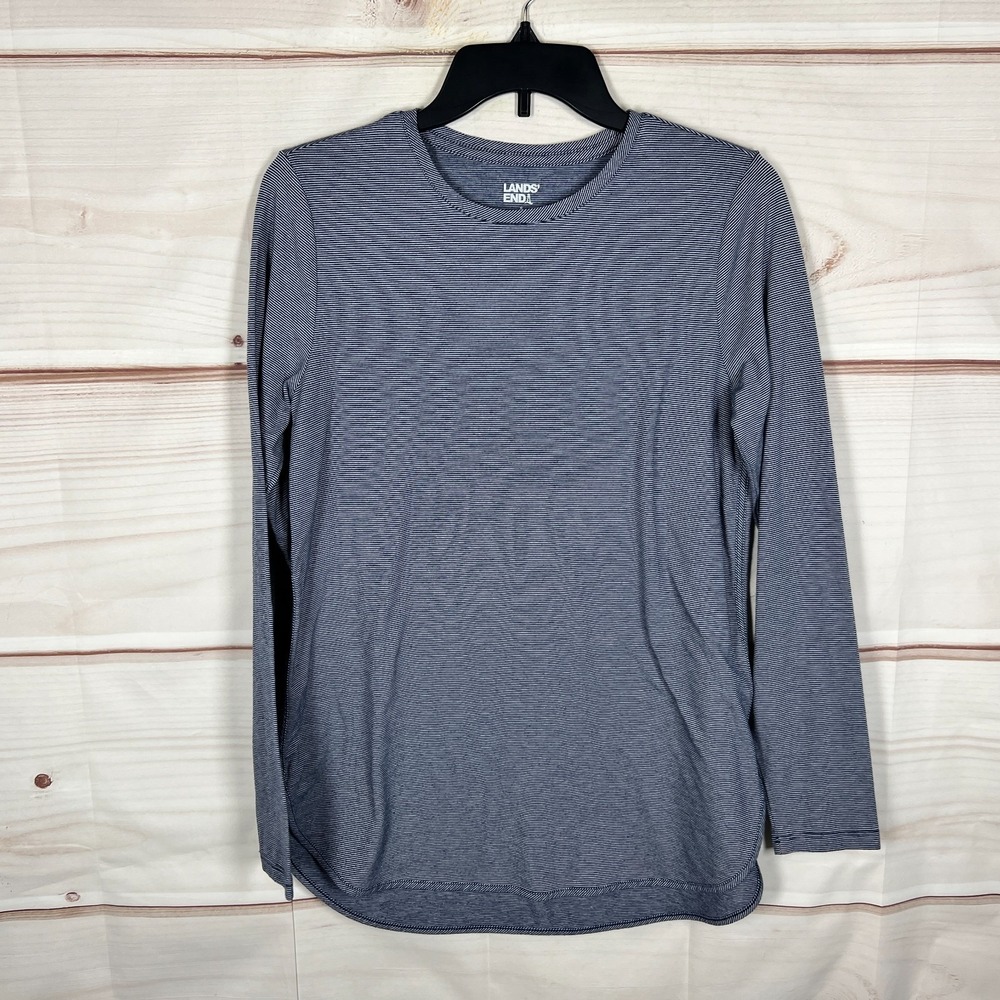 Lands End Top Womens Small Blue Stripe T-Shirt Rounded Hem Long Sleeve Knit